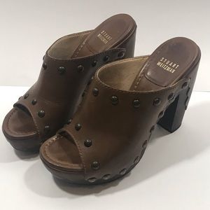 Stuart Weitzman leather&wood studded platform heel Y2K 90s mules